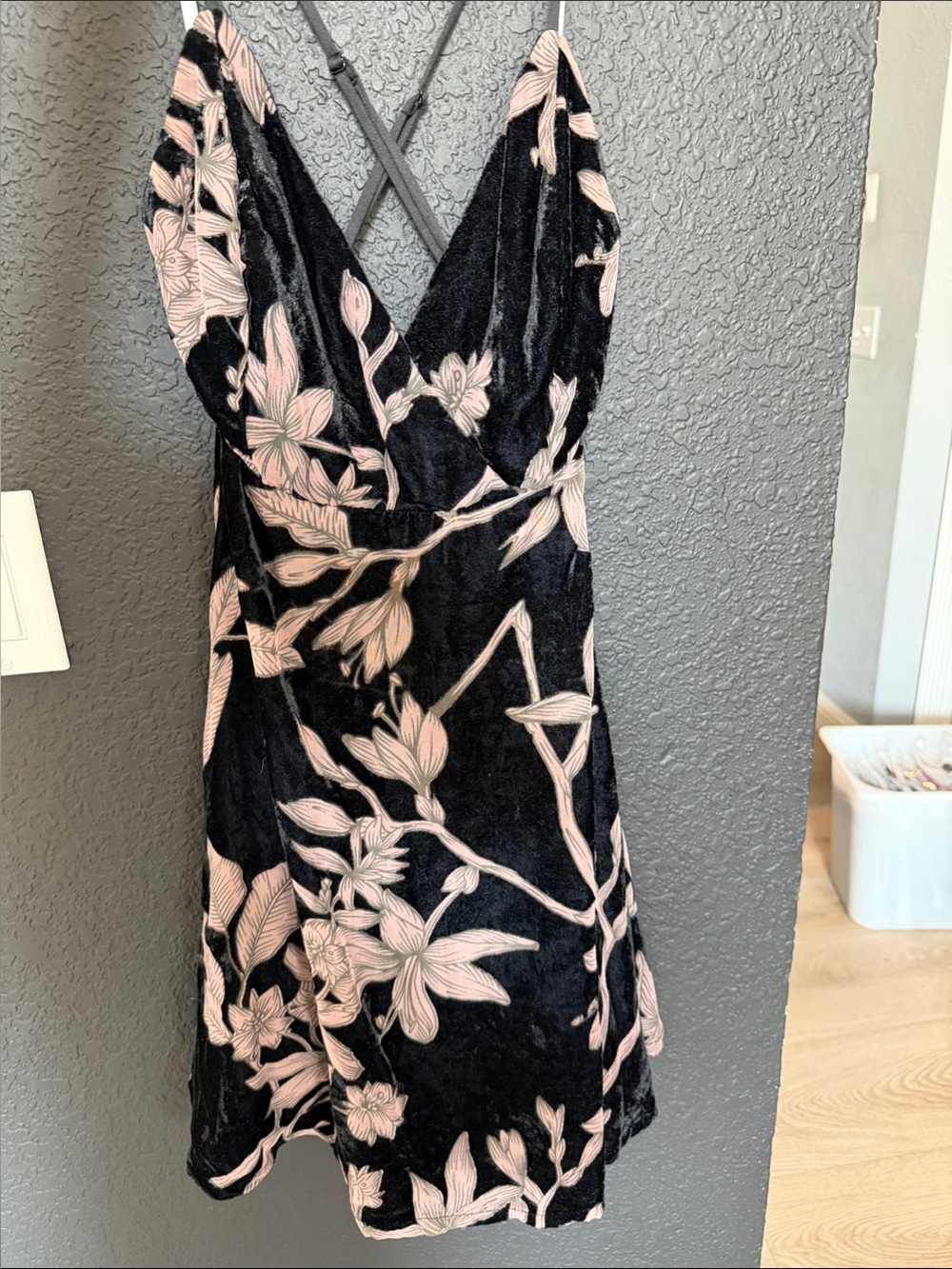 Lulu's Black Mini Dress velvet with Blush Floral Print